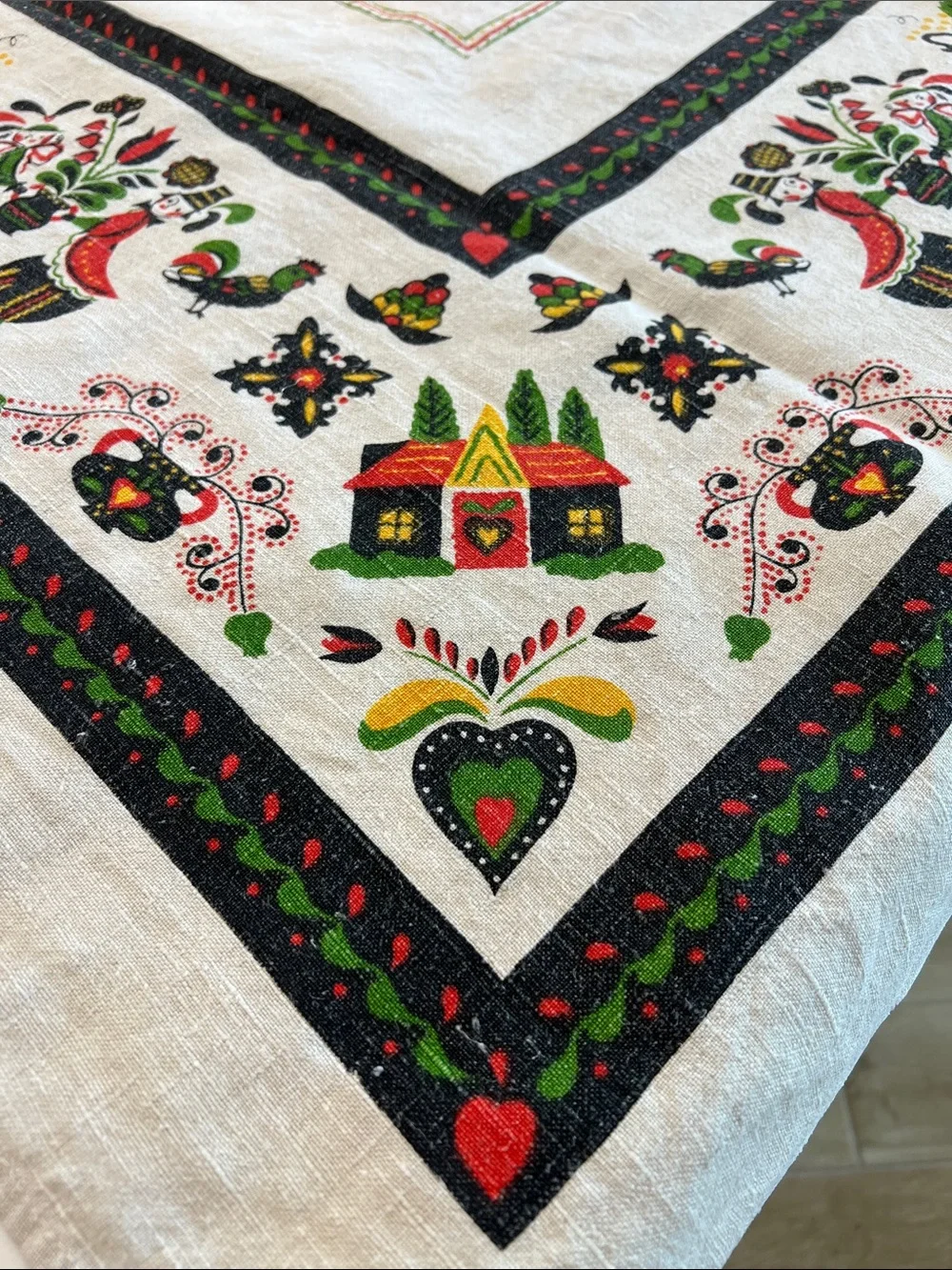 Vintage Pennsylvania Dutch Folk Art Card Tablecloth 48x48 Linen